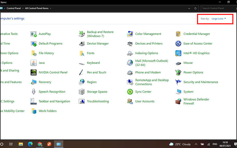 Mở cửa sổ Windows > chọn Control panel. Ở phần View by (góc trái màn hình) > chọn Large icons